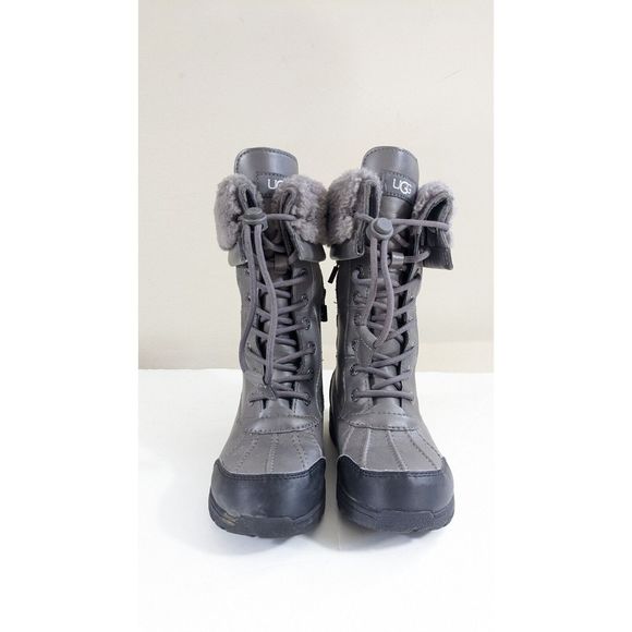 UGG Butte II Toggle Tall Gray Leather Waterproof Snow Boots US Youth Size 1 - Picture 3 of 16